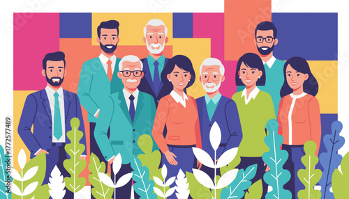 Diverse multigenerational professional team portrait against a colorful geometric and plant background
