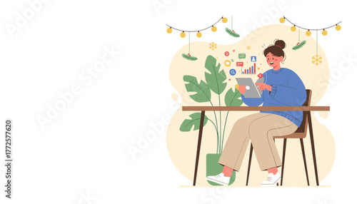 Woman happily analyzing data and managing reports on a tablet in a cozy festive home office setting
