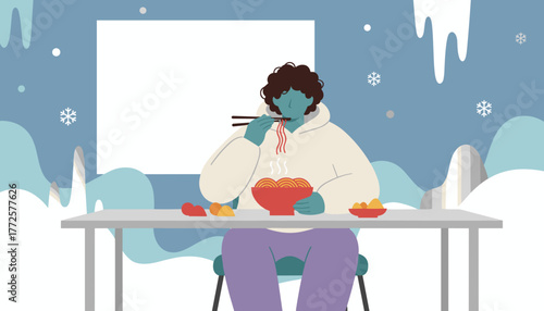 Person eating hot ramen noodles with chopsticks indoors against a stylized snowy winter background