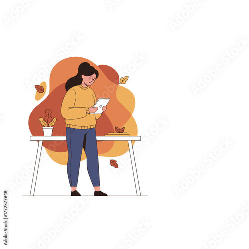 Sad woman holds tablet feeling anxiety or worry at her fallthemed desk