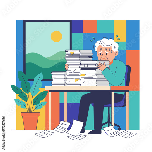 Stressed senior man overwhelmed by massive paperwork and bureaucracy in the office