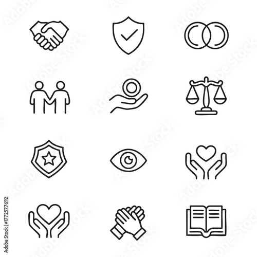Set of twelve black outline icons representing partnership security justice and care black and white