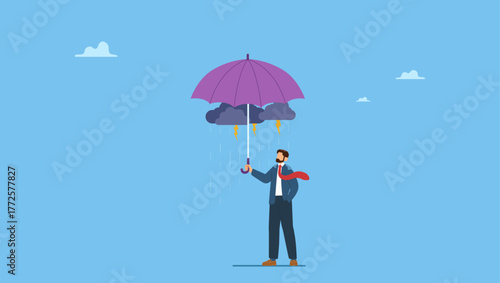 Soak businessman standing wet under fail umbrella in raining day. Business disaster or crisis, too many problems and failure, April fool or depression and mental health.