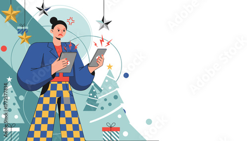 Stressed woman using multiple devices during holiday rush surrounded by Christmas decorations