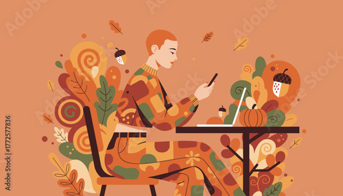 Person using phonelaptop amidst cozy autumn foliage fall work and freelance concept