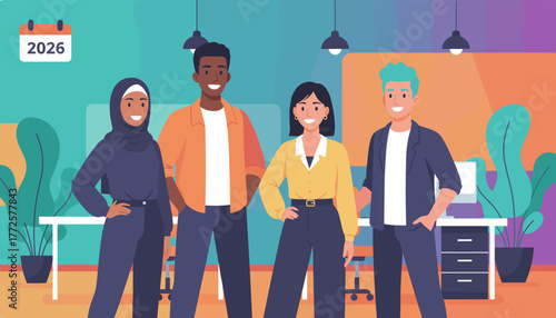 Diverse team of confident professionals smiling in a modern office planning for the future 2026