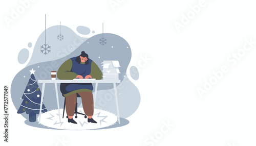 Stressed worker overwhelmed by tasks during the Christmas holidays