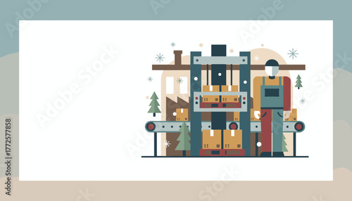 Worker uses industrial machinery to package goods on a conveyor belt outside a factory in winter