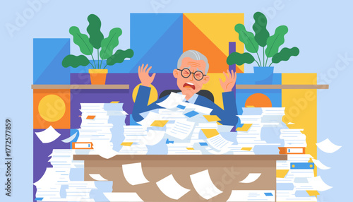 Senior businessman overwhelmed by massive paperwork stressed and suffering burnout at the office desk
