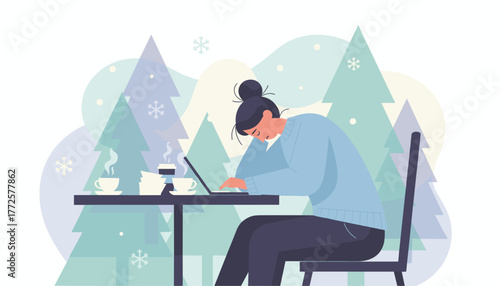 Burnout Woman sleeping while remote working on laptop with coffee during cold winter season