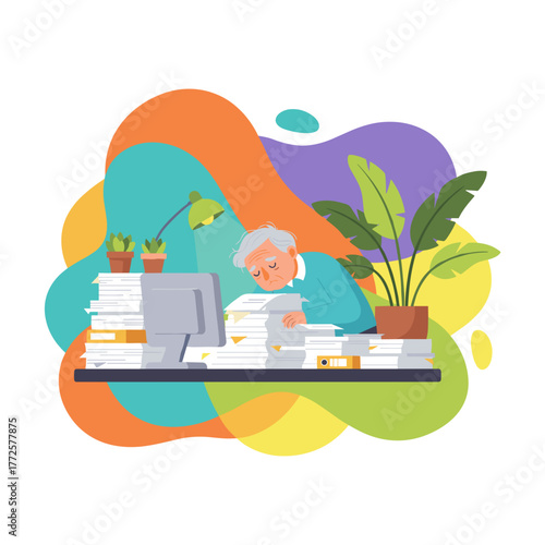 Exhausted senior worker sleeps on mountains of paperwork overwhelmed by office burnout