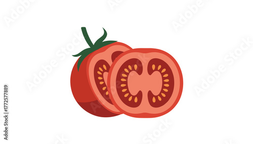 Vibrant, fresh tomato sliced in half revealing juicy seeds, perfect for culinary inspiration and healthy eating concepts
