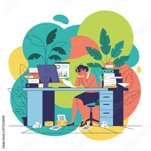 Stressed woman overwhelmed by workload and burnout at a messy office desk Deadline pressure