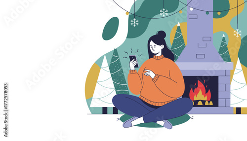 Annoyed woman experiencing bad phone signal near a fireplace during the winter season