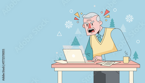 Angry senior man frustrated by technology or work stress during the winter season