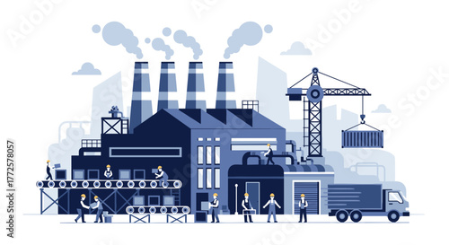 Industrial factory production logistics and supply chain management with workers conveyor and crane