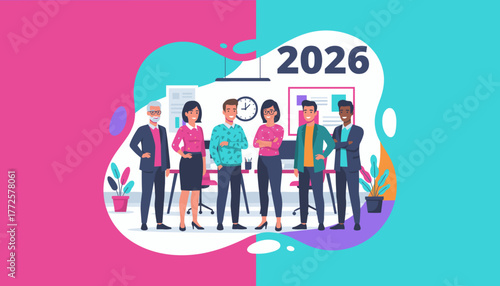 Diverse business team planning for 2026 success Corporate teamwork and future goals illustration