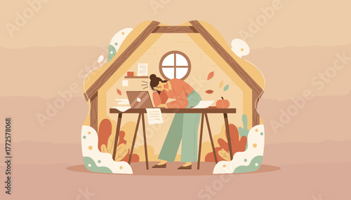 Exhausted woman remote working in an attic office suffering from stress burnout or overload