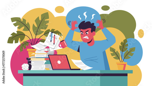 Frustrated man stressed by excessive workload and deadlines at office desk Burnout concept