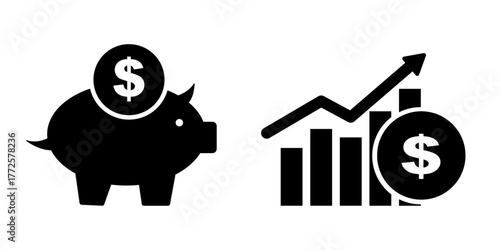 Saving and investment vector set: piggy bank and financial bar chart with dollar symbols, illustrating economic growth and banking