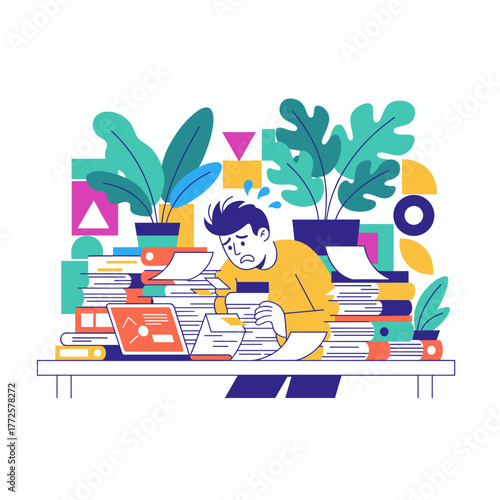 Stressed man overwhelmed by excessive paperwork and deadlines at the office desk Burnout concept