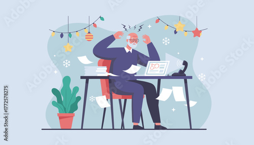 Stressed senior worker overwhelmed by holiday deadlines and paperwork at the office