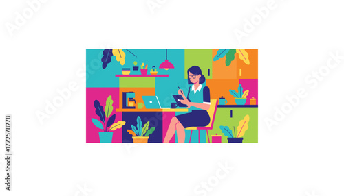 Woman remote working in a vibrant colorful home office using a laptop and digital tablet