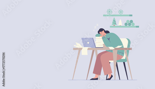 Overworked employee sleeping on her desk next to papers and laptop Professional burnout concept