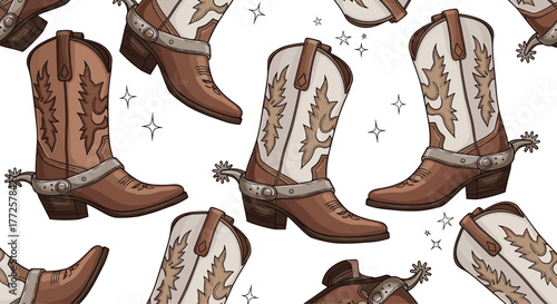 Vibrant cowboy boots with spurs create a dynamic western pattern perfect for fashion and lifestyle designs