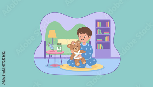 Child playing doctor tending to his bandaged teddy bear in a brightly colored bedroom