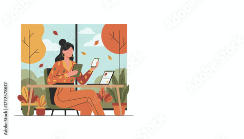 Woman working remotely with laptop tablet and smartphone in a stylish cozy autumn workspace