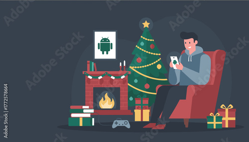 Holiday relaxation Man using Android phone next to Christmas tree and fireplace