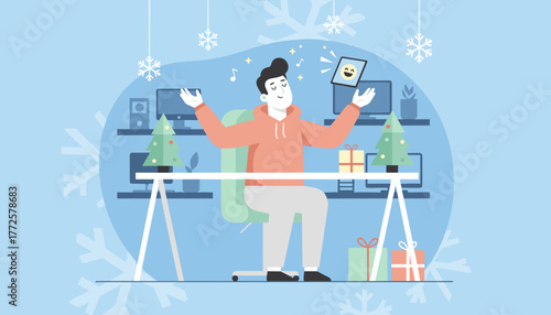 Happy worker enjoying Christmas music and holidays while working remotely at a festive desk
