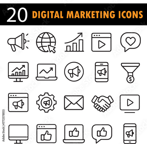 Digital Marketing Set, Online Advertising Strategy Icons Collection, Social Media Promotion, SEO, Email Campaign, Analytics, Branding, Web Traffic, Content Management, Modern Flat Outline Vector Desig