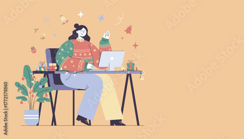 Woman enjoying Christmas remote work or virtual celebration on her laptop