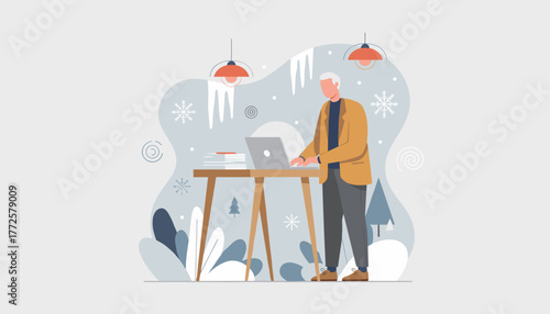 Professional man works on laptop at standing desk Remote work illustration in a winter setting