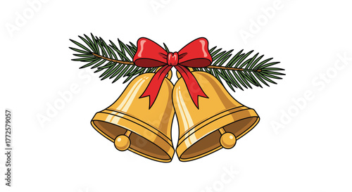 Golden Christmas bells adorned with a festive red bow and evergreen branch, ringing in the holiday cheer and joyous celebrations