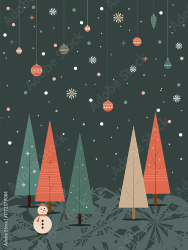 Whimsical mid-century Christmas vector night forest scene with snowman, glowing festive ornaments and soft snow, warm muted retro colors, cozy nostalgic holiday flat illustration for cards and decor