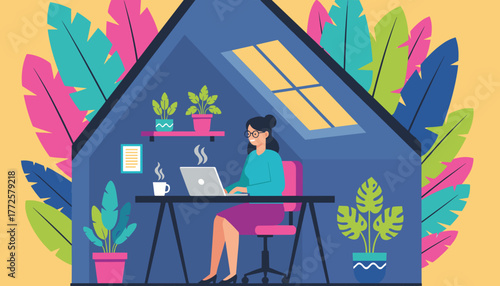 Happy woman working remotely on a laptop inside a stylized plantfilled home office