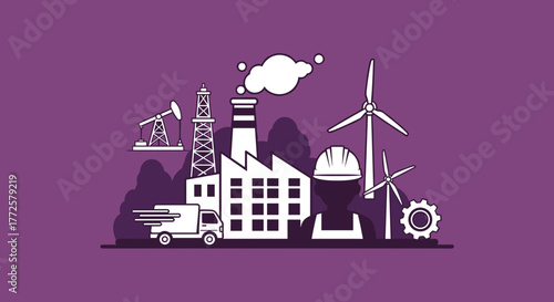 Industry concept manufacturing fossil fuel extraction renewable energy logistics and worker