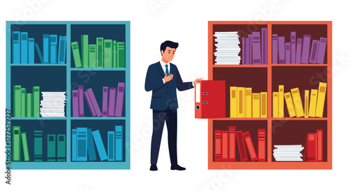 Professional businessman organizing colorful binders and files in modern office library, seeking information and order