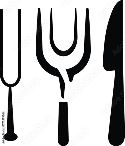 Simple black silhouette of carving fork meat fork and knife for food preparation and serving