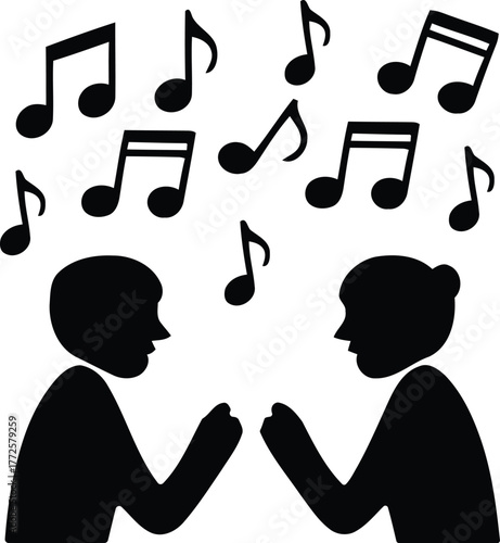 Music notes above two silhouette figures singing together