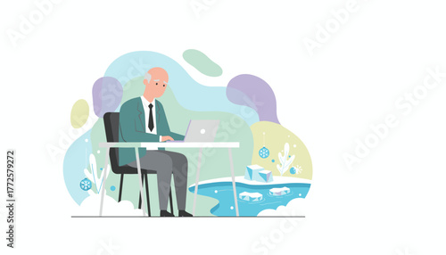 Stressed senior executive works on a laptop surrounded by icy landscape representing emotional coldness
