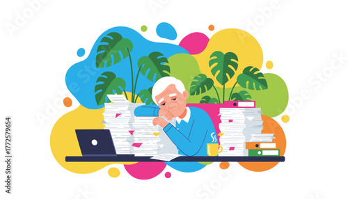 Exhausted senior worker drowning in piles of paperwork and stress at the office desk
