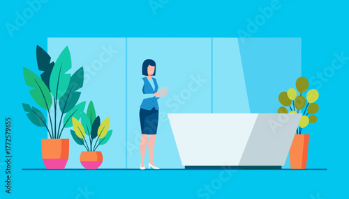 Businesswoman working at a modern office reception desk in a lobby with plants