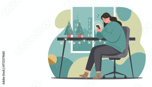 Tired woman uses phone at home desk decorated for Christmas holiday stress or digital fatigue