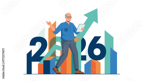 Senior manager using a tablet to review the 2026 business growth plan with rising charts