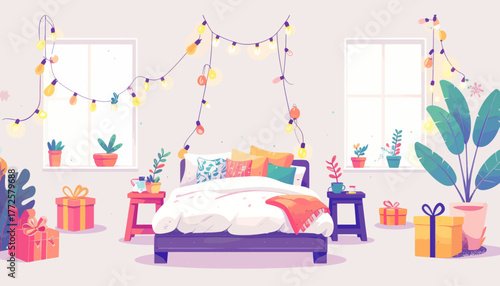 Cozy bedroom interior with festive string lights and potted plants.