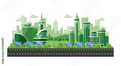 Sustainable cityscape showcases modern green buildings and solar panels powering a vibrant urban future for a cleaner planet